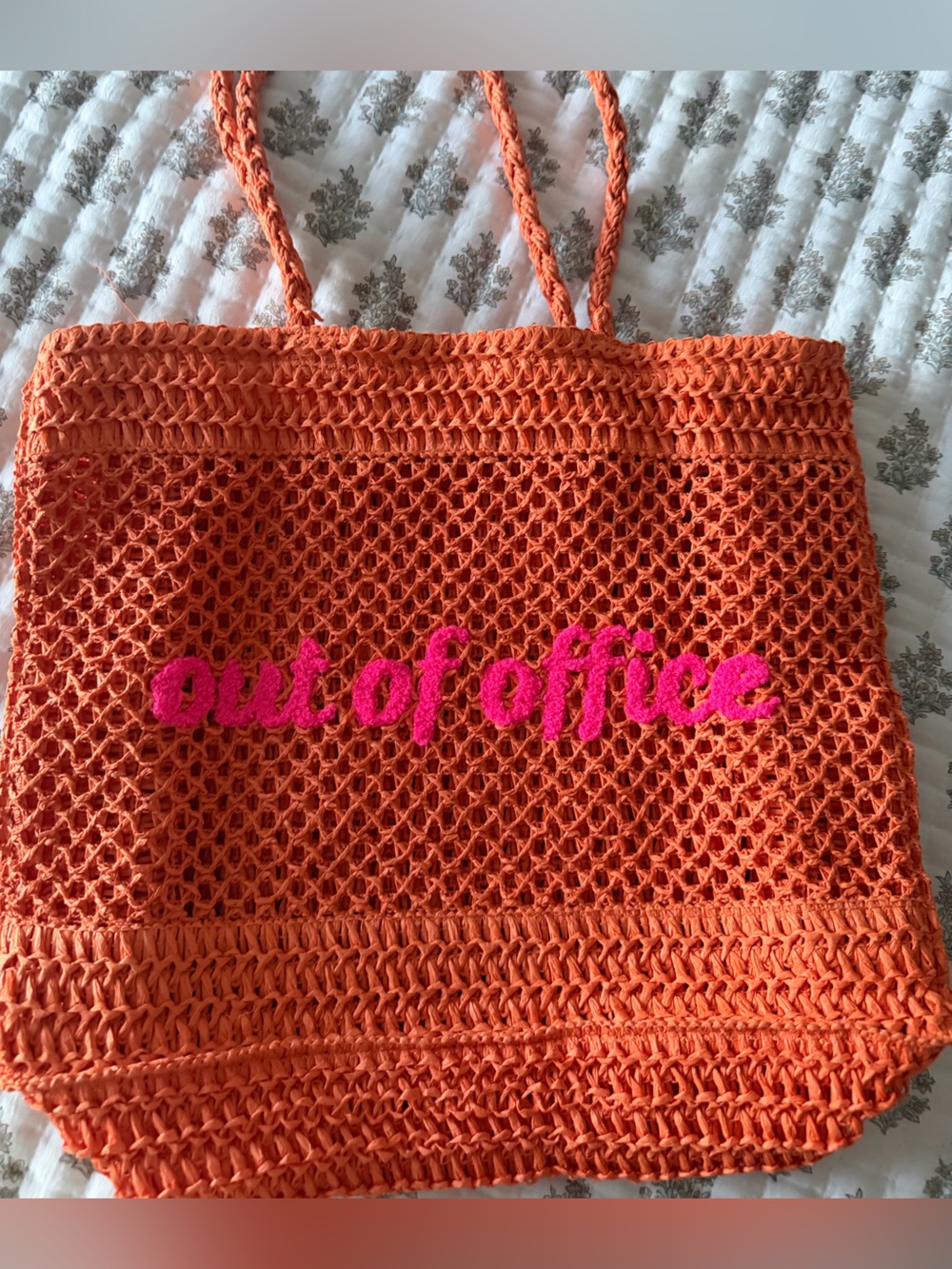 Orange Crochet Tote Bag with Pink Embroidered Script